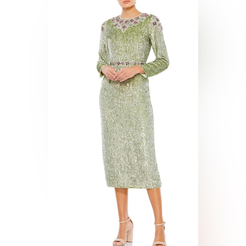 Mac Duggal Long Sleeve Sequin Tea Length midi Dress‎ sage Size 18 style #93568